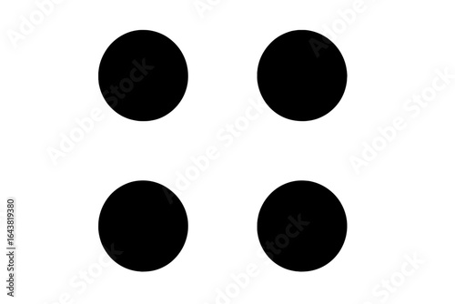 Four solid black circles arranged in a square on a white background in a minimalist design style