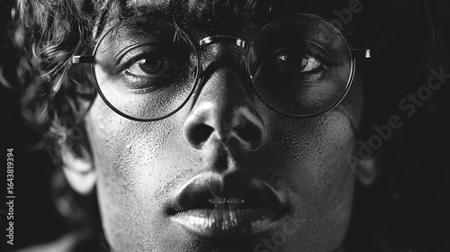 B&W portrait of a person wearing round glasses