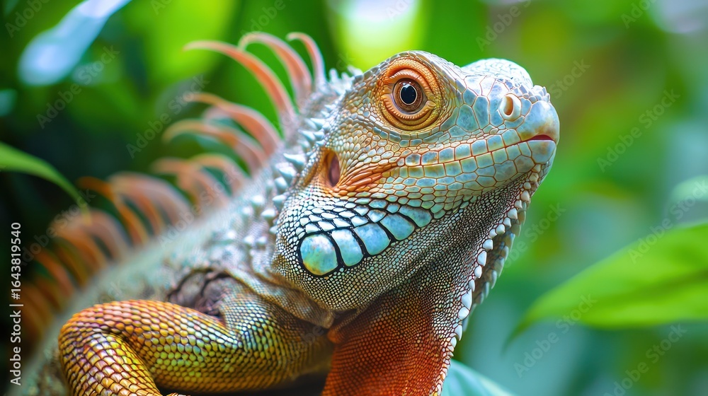 Fototapeta premium A vibrant green iguana with orange and yellow markings, perched on a leafy green background.