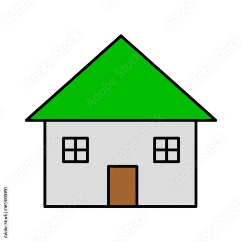 Simple cartoon house with green roof and white walls.