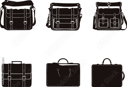 Set of Six Black Bag Silhouettes Featuring Shoulder Bags and Briefcases with Buckles, Pockets, and Stitching—Minimalist Icons for Fashion Design, Retail Graphics, and Accessory Branding