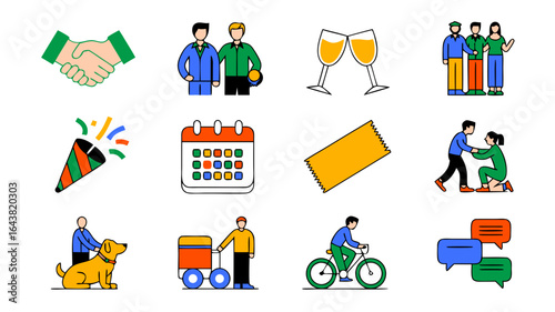 Illustration showing common social interactions and celebratory moments