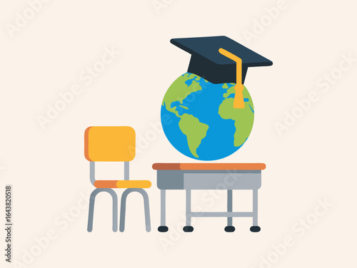 World education concept featuring globe with graduation cap in classroom