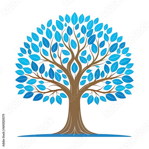 Vibrant blue leafy tree with brown trunk and roots on white background
