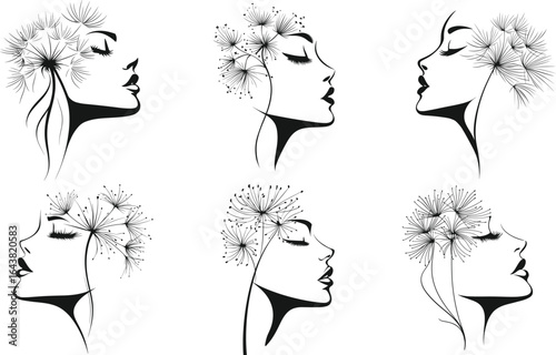 Set of elegant woman faces with closed eyes and dandelion flowers as hair in delicate black line art style on white background