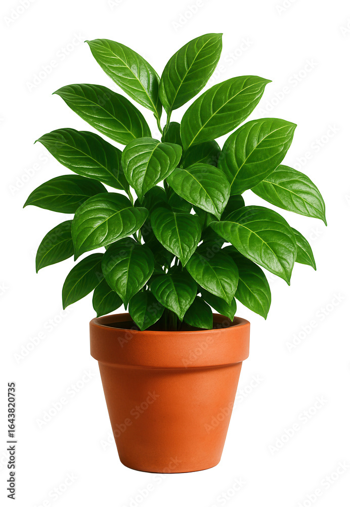 Fototapeta premium Lush green foliage of a potted houseplant in a simple pot.