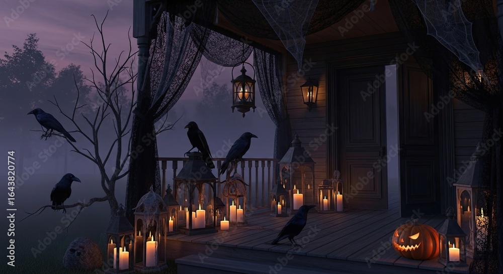 Naklejka premium Spooky porch scene with candles, lanterns, and crows at dusk, creating mysterious and eerie atmosphere perfect for Halloween or gothic themes