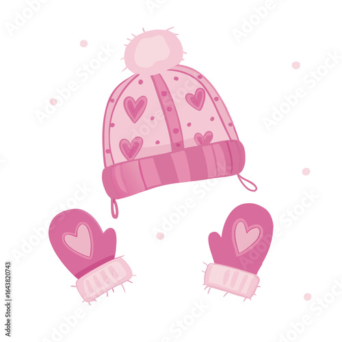 Pink knitted hat and mittens with hearts winter clothing