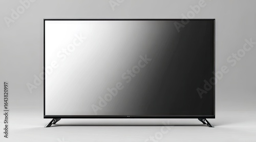 Sleek, black flat-screen TV with subtle gradient display, minimal bezel, and small, angled feet on a light grey background