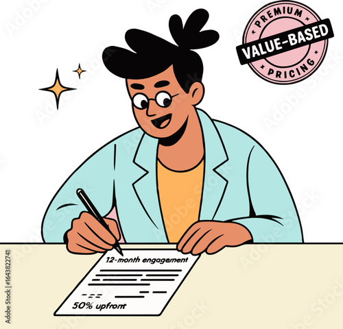 A cartoon man signs a contract with value based pricing and terms on a desk with a pen in his hand