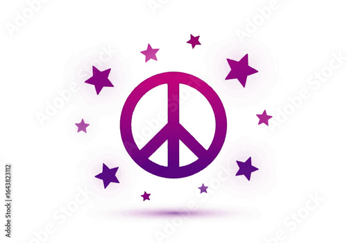 Gradient peace sign symbol surrounded by magenta stars, ideal for peacerelated designs or products, promoting harmony, unity, and positivity.