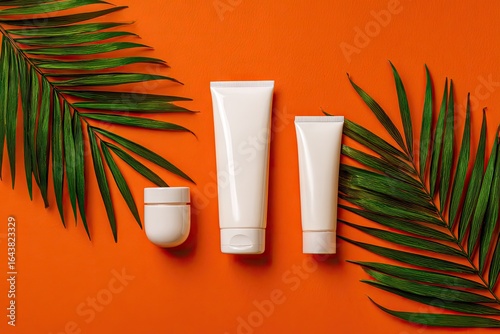 Three white cosmetic tubes and a jar on an orange background, flanked by vibrant green palm fronds