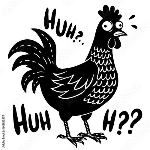 Surprised Black Rooster Cartoon Illustration; Quirky, Hand-Drawn Style; Humorous, Confused Expression.