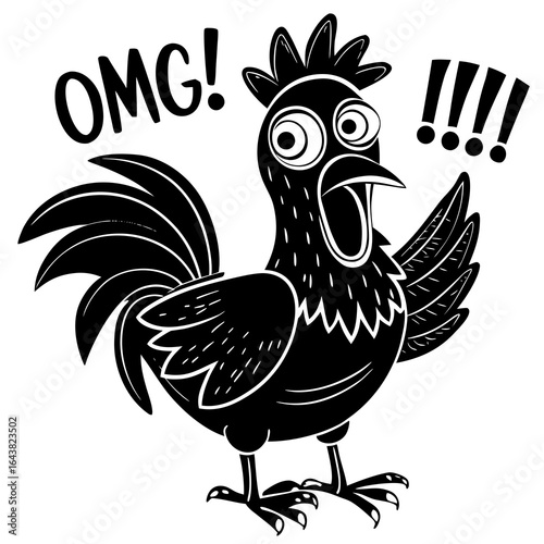 Surprised Rooster Cartoon Character; Black and White,  Vector Illustration,  Excited Expression,  OMG!