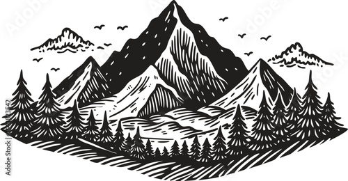 Hand drawn mountain landscape silhouette vector illustration, simple black and white minimalist nature scene, clean design for outdoor, travel, and adventure projects