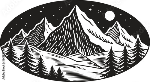 Hand drawn mountain landscape silhouette vector illustration, simple black and white minimalist nature scene, clean design for outdoor, travel, and adventure projects