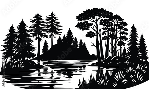 Lake with tree and mountain landscape vector illustration, simple black and white minimalist nature scene, clean design for outdoor, travel, and scenic projects