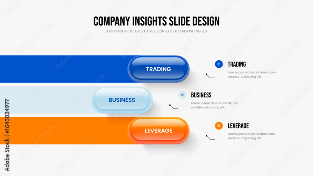 Fototapeta premium Advertising Portfolio Presentation Template Vector Illustration. Corporate Analysis 3 Step Diagram Frame Layout. Modern Growth Three Option Infographic Slide Design.