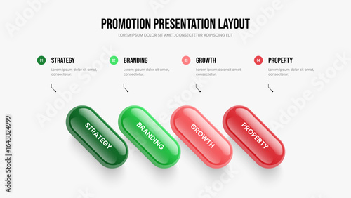 Enterprise Forecast Four Element Infographic Presentation Template. Visual Report 4 Step Diagram Slide Layout. Investor Review Slideshow Design Vector Illustration.