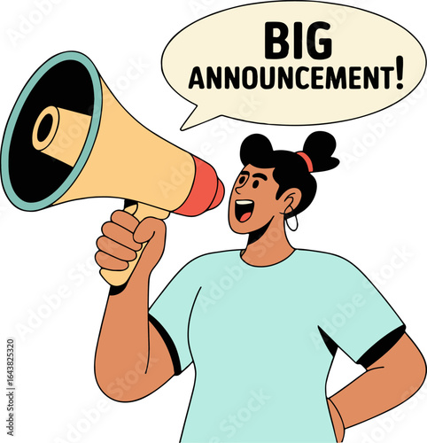 Woman with megaphone making a big announcement in a speech bubble on a white background illustration