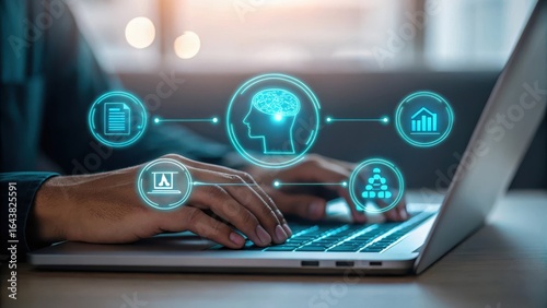 Wallpaper Mural Hands typing on a laptop with glowing digital icons representing artificial intelligence and data analysis Torontodigital.ca