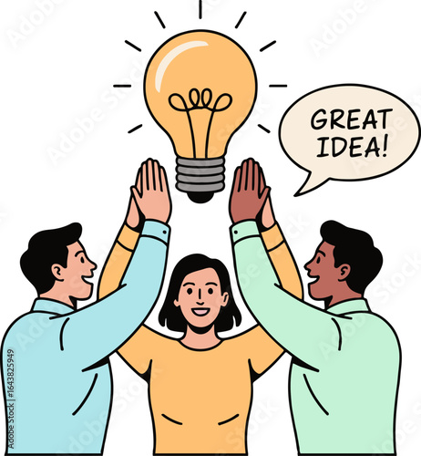 Teamwork illustration showing three people supporting a lightbulb with a great idea speech bubble