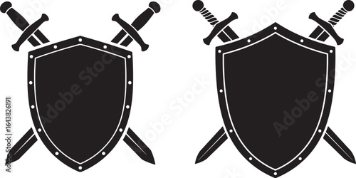 Two crossed swords behind shields silhouette