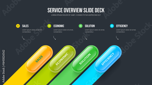 Visual Profile 4 Option Infographic Slideshow Layout. Investor Portfolio Four Element Diagram Frame Template. Sales Performance Slide Design Vector Illustration.