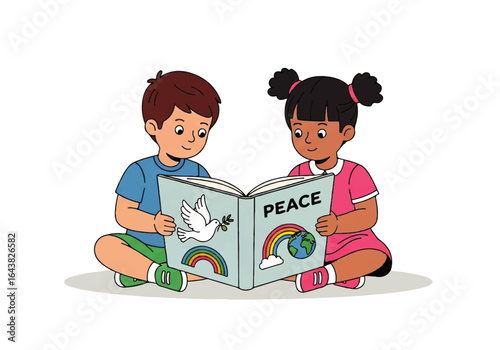 Two children engrossed in a book centered on peace, featuring a dove. Ideal for promoting harmony, education on peace concepts.