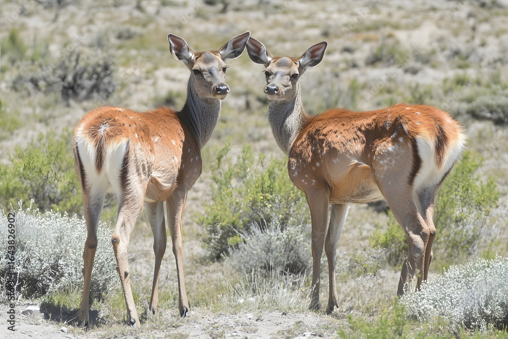 Fototapeta premium Two Spotted Deer in Patagonian Landscape