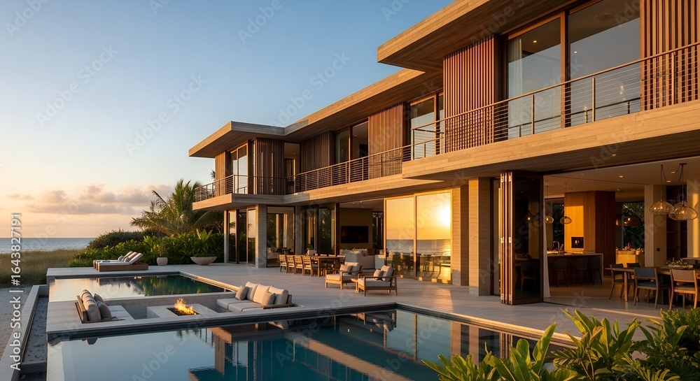 Fototapeta premium Luxury Beachfront Home with Modern Architecture and Outdoor Oasis at Sunset, Featuring a Stunning Pool and Elegant Patio Furniture