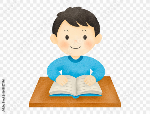 Watercolor boy reading book student learning illustration.vector