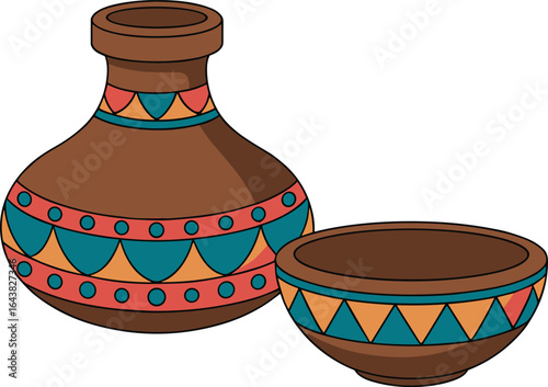 Handcrafted traditional pottery vase and bowl with colorful tribal patterns, ceramic art, ethnic design, cultural decoration, rustic home accessories, handmade craft
