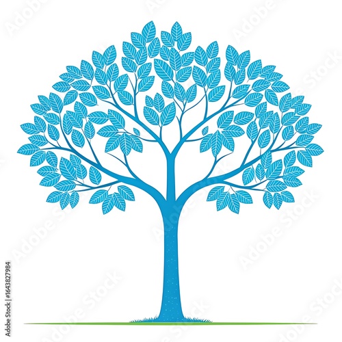 Stylized blue tree with lush green leaves on white background