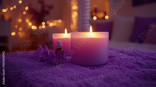 Candles, oil, and flowers on a purple towel in a relaxing ambiance