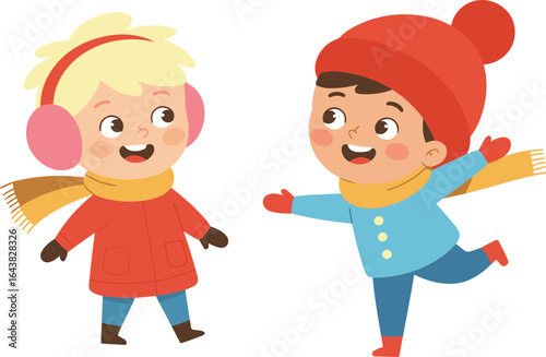 Happy kids playing in winter clothes, boy and girl smiling, cold weather, winter fun, children wearing scarves, hats, gloves, joyful outdoor activity