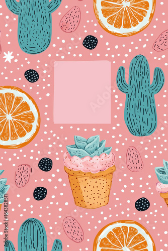 Whimsical hand drawn doodles of cacti, fruits, and ice cream on pink