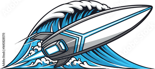 Futuristic Surfboard Riding Giant Ocean Wave