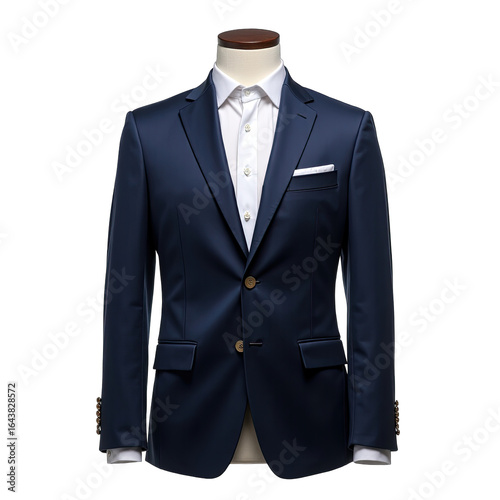 Navy blue suit jacket on a mannequin.