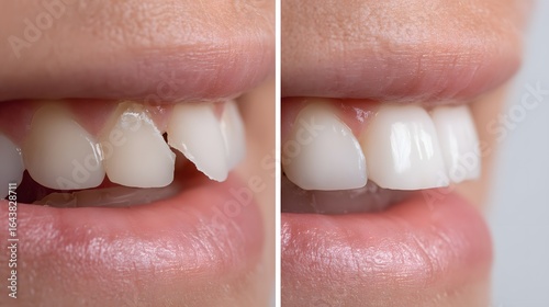 Close-up of chipped tooth repair before-and-after, side view.
