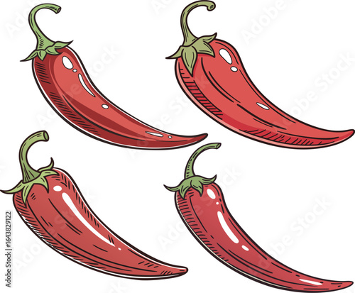 An illustration of four red chili peppers arranged in a grid-like pattern. The chilis have a slightly curved shape, green stems, and are detailed with white highlights and dark lines suggesting.