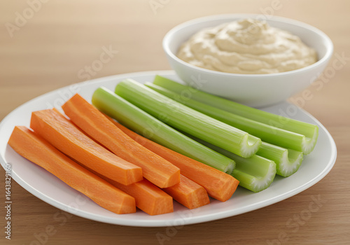 Carrot and celery sticks with dip on plate