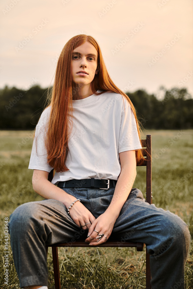Obraz premium Stylish redhead young man in autumn attire poses elegantly outdoors during golden hour