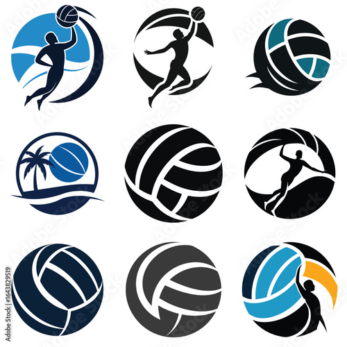 Collection of nine artistic volleyball themed logos with different design elements