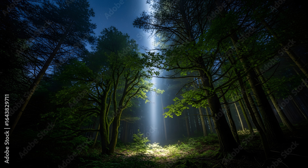 Fototapeta premium Mystical Light Beam Illuminating Ancient Forest at Dusk Ethereal Glow in a Dark Enchanted Woodland