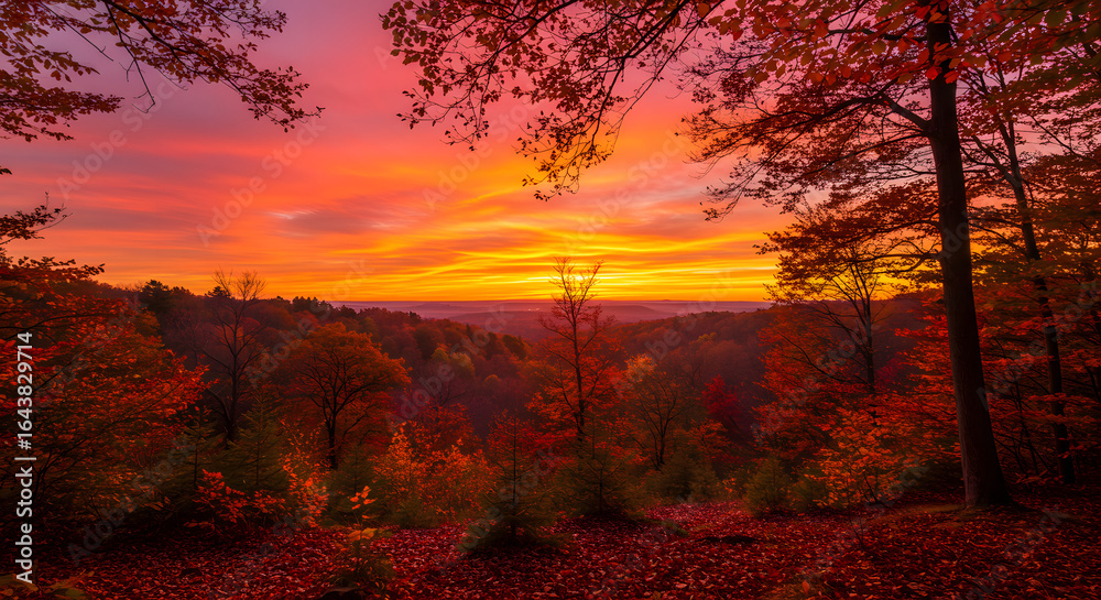 Fototapeta premium Spectacular Autumnal Panorama: A Breathtaking Display of Fiery Colors at Sunset Through the Leafy Forest Canopy.