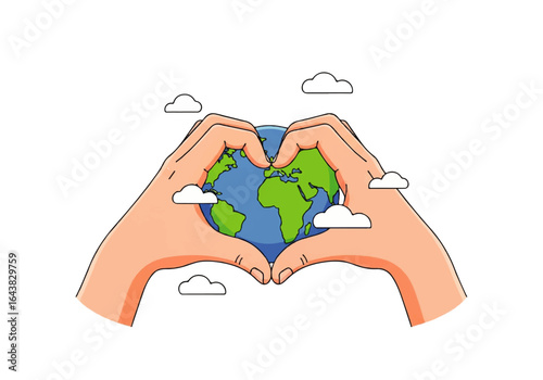 Hands making a heart shape around the globe symbolize love for the planet. Environmental campaigns, charity organizations, earth day promotions.