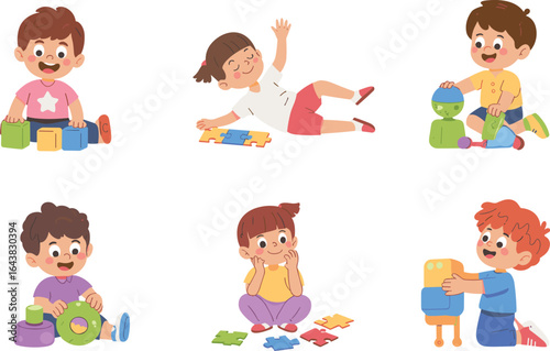 Happy kids playing with toys, colorful educational puzzle, preschool children learning, creative activities, childhood development, indoor fun, kindergarten playtime illustration