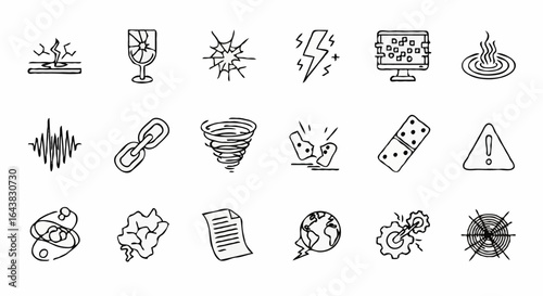 Set of disaster line art icons in monochrome style, representing various crises and destructive events