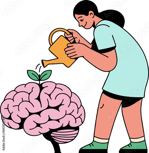 A woman watering a brain with a sprout growing from it using a yellow watering can in a vector illustration